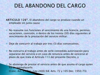   ARTICULO 126º.  El abandono del cargo se produce cuando un empleado sin justa causa:   No reasume sus funciones al vencimiento de una licencia, permiso, vacaciones, comisión, o dentro de los treinta (30) días siguientes al vencimiento de la prestación del servicio militar.   Deje de concurrir al trabajo por tres (3) días consecutivos.   No concurra al trabajo antes de serle concedida autorización para separarse del servicio o en caso de renuncia antes de vencerse el plazo de que trata el Artículo 113 del presente Decreto, y   Se abstenga de prestar el servicio antes de que asuma el cargo quien ha de reemplazarlo. (Conc. Art. 25 Dec.-Ley 2400/68; Arts. 72 y 105 Dec. 1950/73)   