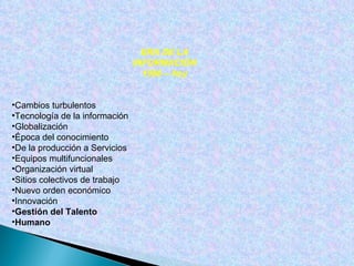 ERA DE LA INFORMACIÓN 1990 – hoy Cambios turbulentos Tecnología de la información Globalización Época del conocimiento De la producción a Servicios Equipos multifuncionales Organización virtual Sitios colectivos de trabajo Nuevo orden económico Innovación Gestión del Talento Humano 