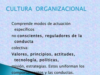 Comprende modos de actuación específicos no  conscientes, reguladores de la conducta colectiva: Valores, principios, actitudes, tecnología, políticas, misión, estrategias. Estos uniforman los comportamientos y las conductas. 