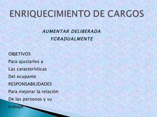AUMENTAR DELIBERADA YGRADUALMENTE OBJETIVOS Para ajustarlos a Las características Del ocupante RESPONSABILIDADES Para mejorar la relación De las personas y su trabajo 