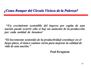 “ Un crecimiento sostenible del ingreso per capita de una nación puede ocurrir sólo si hay un aumento de la producción por cada unidad de insumos ”  “ El incremento sostenido de la productividad constituye en el largo plazo, el único camino cierto para mejorar la calidad de vida de una nación.”   Paul Krugman ¿Como Romper del Círculo Vicioso de la Pobreza? 