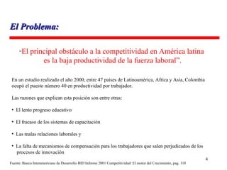 El Problema: “ El principal obstáculo a la competitividad en América latina  es la baja productividad de la fuerza laboral”. En un estudio realizado el año 2000, entre 47 países de Latinoamérica, Africa y Asia, Colombia  ocupó el puesto número 40 en productividad por trabajador. Las razones que explican esta posición son entre otras: El lento progreso educativo El fracaso de los sistemas de capacitación Las malas relaciones laborales y La falta de mecanismos de compensación para los trabajadores que salen perjudicados de los procesos de innovación Fuente: Banco Interamericano de Desarrollo BID Informe 2001 Competitividad: El motor del Crecimiento, pag. 118  