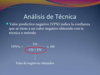 Análisis de Técnica
Valor predictivo negativo (VPN) indica la confianza
que se tiene a un valor negativo obtenido con la
técnica o método
VPN% = x 100
VN
VN + FN
Total de negativos obtenidos
 