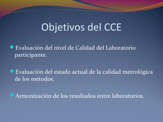 Objetivos del CCE
Evaluación del nivel de Calidad del Laboratorio
participante.
Evaluación del estado actual de la calidad metrológica
de los métodos.
Armonización de los resultados entre laboratorios.
 