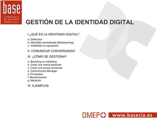 GESTIÓN DE LA IDENTIDAD DIGITAL I.¿QUÉ ES LA IDENTIDAD DIGITAL? a. Definición b. Identidad centralizada (lifestreaming) c....