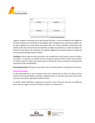 Ilustración 8. Matriz PINC. Fuente: http://creatingminds.org/
Luego se empieza la evaluación de la idea, generar discusión y como resultado de esta diligenciar
la matriz, positivos las características que agregan valor, intrigante cosas curiosas que podrían ser
de valor, negativos las características que quitan valor y En cuanto a posibles características que
podrían restar valor. Este proceso para cada idea, se eligen las ganadoras y se repite la prueba si es
necesario hasta obtener las necesarias, los aspectos negativos de las ideas pueden ser objeto de
nuevas sesiones para generación de ideas.
Ventajas: colocar todas las ideas para hacer una comparación visual ayuda a conocer el todo y
no la parte, Lo positivo y lo negativo fuerza a la gente en pensar sobre el valor real de la idea.
La intriga evalúa las ideas que pueden parecer demasiado tontas y previene la desaparición
temprana de tales posibilidades.
Desventajas/retos: El tiempo de ejecución, solo se analizan factores cualitativos de las ideas.
Votación/Voting
La idea generalmente es que el equipo realice una votación por las ideas, las ideas con mas
votación serán desarrolladas y llevadas al siguiente paso. La votación asume que todos tienen
la misma autoridad y capacidad en aplicar el voto.
Se pueden elegir diferentes esquemas de votación, varios votos por persona con diferente
peso cada uno, según el número de ideas a evaluar, ver ilustración 9.
 