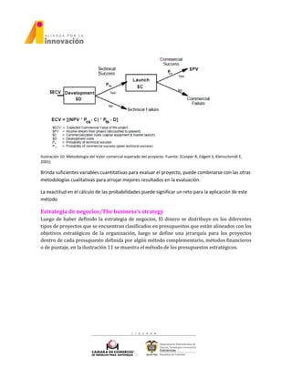 Ilustración 10. Metodología del Valor comercial esperado del proyecto. Fuente: (Cooper R, Edgett S, Kleinschimdt E,
2001)
Brinda suficientes variables cuantitativas para evaluar el proyecto, puede combinarse con las otras
metodologías cualitativas para arrojar mejores resultados en la evaluación.
La exactitud en el cálculo de las probabilidades puede significar un reto para la aplicación de este
método
Estrategia de negocios/The business’s strategy
Luego de haber definido la estrategia de negocios, El dinero se distribuye en los diferentes
tipos de proyectos que se encuentran clasificados en presupuestos que están alineados con los
objetivos estratégicos de la organización, luego se define una jerarquía para los proyectos
dentro de cada presupuesto definida por algún método complementario, métodos financieros
o de puntaje, en la ilustración 11 se muestra el método de los presupuestos estratégicos.
 