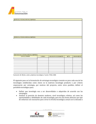Ilustración 18. Misión, visión y objetivos tecnológicos. Fuente: ITESO, 2006
El siguiente paso en la formulación de estrategia tecnológica consiste en para cada una de las
tecnologías establecidas como claves en la matrices tecnología producto o por criterio
empresarial, por estrategia, por motivos del proyecto, entre otros posibles, definir el
portafolio tecnológico para:
 Definir que tecnología van a ser desarrolladas o adquiridas de acuerdo con las
estrategias.
 Analizar la posición de dominio madurez, nivel tecnológica relativo, así como las
oportunidades y debilidades de cada tecnología, para de esta forma detectar que tipo
de esfuerzos son necesarios para cerrar la brecha tecnológica actual con la deseada o
 