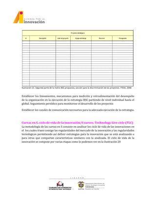 Ilustración 21. Segunda parte de la matriz BSC propuesta, sección para la discriminación de los proyectos. ITESO, 2006
Establecer los lineamientos, mecanismos para medición y retroalimentación del desempeño
de la organización en la ejecución de la estrategia BSC partiendo de nivel individual hasta el
global. Seguimiento periódico para monitorear el desarrollo de los proyectos
Establecer los canales de comunicación necesarios para la adecuada ejecución de la estrategia.
Curvas en S, ciclo de vida de la innovación/S curves, Technology Live cicle (TLC)
La metodología de las curvas en S consiste en analizar los ciclo de vida de las innovaciones en
el los cuales traen consigo las regularidades del mercado de la innovación y las regularidades
tecnológicas permitiendo así definir estrategias para la innovación que se está analizando o
para otras que compartan características similares con la analizada. El ciclo de vida de la
innovación se compone por varias etapas como lo podemos ver en la ilustración 20
 