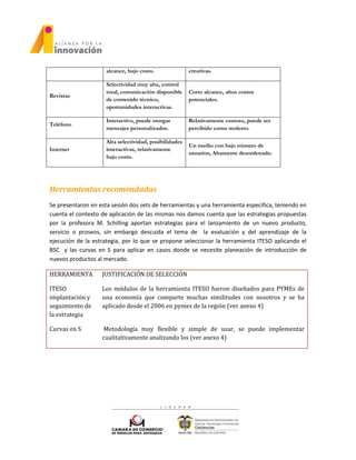 alcance, bajo costo. creativas.
Revistas
Selectividad muy alta, control
total, comunicación disponible
de contenido técnico,
oportunidades interactivas.
Corto alcance, altos costos
potenciales.
Teléfono
Interactivo, puede otorgar
mensajes personalizados.
Relativamente costoso, puede ser
percibido como molesto.
Internet
Alta selectividad, posibilidades
interactivas, relativamente
bajo costo.
Un medio con bajo número de
usuarios, Altamente desordenado.
Herramientas recomendadas
Se presentaron en esta sesión dos sets de herramientas y una herramienta especifica, teniendo en
cuenta el contexto de aplicación de las mismas nos damos cuenta que las estrategias propuestas
por la profesora M. Schilling aportan estrategias para el lanzamiento de un nuevo producto,
servicio o proseos, sin embargo descuida el tema de la evaluación y del aprendizaje de la
ejecución de la estrategia, por lo que se propone seleccionar la herramienta ITESO aplicando el
BSC y las curvas en S para aplicar en casos donde se necesite planeación de introducción de
nuevos productos al mercado.
HERRAMIENTA JUSTIFICACIÓN DE SELECCIÓN
ITESO
implantación y
seguimiento de
la estrategia
Los módulos de la herramienta ITESO fueron diseñados para PYMEs de
una economía que comparte muchas similitudes con nosotros y se ha
aplicado desde el 2006 en pymes de la región (ver anexo 4)
Curvas en S Metodología muy flexible y simple de usar, se puede implementar
cualitativamente analizando los (ver anexo 4)
 