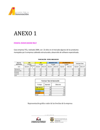 ANEXO 1
PERFIL INNOVADOR MGT
Caso empresa TICs, realizado 2009, con 22 años en el mercado algunos de los productos
manejados por la empresa cableado estructurado y desarrollo de software especializado.
Representación gráfico radar de las brechas de la empresa
 