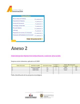 Anexo 2
PORTAFOLIO DE PROYECTOS ESTRATÉGICOS, CASOS DE APLICACIÓN
Empresa sector alimentos, aplicado en él 2009
Tabla. Identificación de los proyectos tecnológicos
 