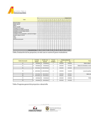 Tabla. Evaluación de los proyectos, en este caso se usaron 8 pares evaluadores.
Tabla. Programa general de proyectos a desarrolla
 