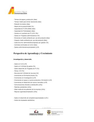 · Tiempo de espera, producción (días)
· Tiempo medio para tomar decisiones (días)
· Rotación de stocks (días)
· Mejora de la productividad (%)
· Capacidad de TI CPU DASD (días)
· Capacidad de TI/empleado (días)
· Cambio en inventario de TI (U.M. 0%)
· Gastos en TI/gastos administrativos (%)
· Emisiones al medio ambiente por uso del producto (días)
· Impacto medio ambiente por uso del producto (días)
· Coste de error administrativo/ingresos por gestión (%)
· Contratos archivados sin error (días)
· Gastos administrativos/empleado (U.M)
Perspectiva de Aprendizaje y Crecimiento
Investigación y desarrollo
· Gasto en I+D (U.M)
· Gasto en I+D/total de gastos (%)
· Gasto desarrollo de TI/gastos de TI (%)
· Horas, I+D (%)
· Recursos de I+D/total de recursos (%)
· Inversiones en formación/cliente (%)
· Inversiones en investigación (U.M)
· Inversiones en apoyo a nuevos productos y formación (U.M)
· Inversiones en desarrollo de nuevos mercados (U.M)
· Comunicaciones directas a cliente/año (cifra)
· Patentes pendientes (cifra)
· Edad media de las patentes de la empresa (cifra)
· Mejoras sugeridas/empleando (cifra)
· Gasto en desarrollo de competencias/empleado (U.M.)
· Indice de empleados satisfechos
 