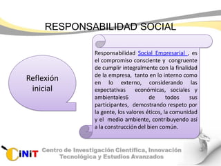 RESPONSABILIDAD SOCIAL
Reflexión
inicial
Responsabilidad Social Empresarial , es
el compromiso consciente y congruente
de cumplir integralmente con la finalidad
de la empresa, tanto en lo interno como
en lo externo, considerando las
expectativas económicas, sociales y
ambientales6 de todos sus
participantes, demostrando respeto por
la gente, los valores éticos, la comunidad
y el medio ambiente, contribuyendo así
a la construcción del bien común.
 