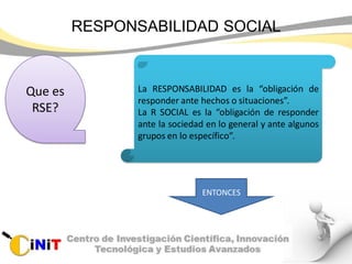 RESPONSABILIDAD SOCIAL
Que es
RSE?
La RESPONSABILIDAD es la “obligación de
responder ante hechos o situaciones”.
La R SOCIAL es la “obligación de responder
ante la sociedad en lo general y ante algunos
grupos en lo específico”.
ENTONCES
 