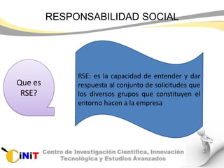 RESPONSABILIDAD SOCIAL
Que es
RSE?
RSE: es la capacidad de entender y dar
respuesta al conjunto de solicitudes que
los diversos grupos que constituyen el
entorno hacen a la empresa
 
