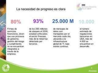 La necesidad de progreso es clara



   80%                   93%               25.000 M 10.000
Firmas de            de los 285 millones   de mensajes de       el número
servicios            de ataques el 2008,   datos son            estimado de
financieros, dicen   estaban enfocados     manejados por el     regulaciones
que sus procesos     al sector finanzas,   mercado cada día,    bancarias en
de gobierno,         más de la mitad fue   ubicando a la        USA, más de
gestión del riesgo   detectado por         infraestructura      4.000 se
y cumplimiento,      terceros.             global de TI, bajo   encuentran en
no se encuentran                           estrés continuo.     desarrollo
integrados a
través de la
empresa.




                                                                          5
 
