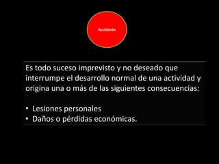 Accidente
Es todo suceso imprevisto y no deseado que
interrumpe el desarrollo normal de una actividad y
origina una o más de las siguientes consecuencias:
• Lesiones personales
• Daños o pérdidas económicas.
 