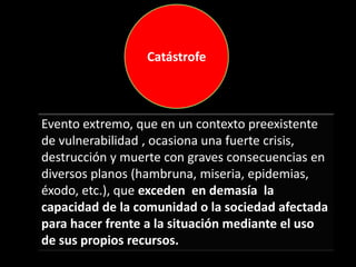 Evento extremo, que en un contexto preexistente
de vulnerabilidad , ocasiona una fuerte crisis,
destrucción y muerte con graves consecuencias en
diversos planos (hambruna, miseria, epidemias,
éxodo, etc.), que exceden en demasía la
capacidad de la comunidad o la sociedad afectada
para hacer frente a la situación mediante el uso
de sus propios recursos.
Catástrofe
 