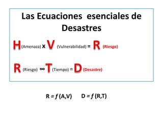 Las Ecuaciones esenciales de
Desastres
(Amenaza) x (Vulnerabilidad) = (Riesgo)
(Riesgo) ∞ (Tiempo) = (Desastre)
R = f (A,V) D = f (R,T)
 