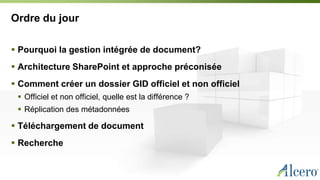 Ordre du jour
 Pourquoi la gestion intégrée de document?
 Architecture SharePoint et approche préconisée
 Comment créer un dossier GID officiel et non officiel
 Officiel et non officiel, quelle est la différence ?
 Réplication des métadonnées
 Téléchargement de document
 Recherche
 