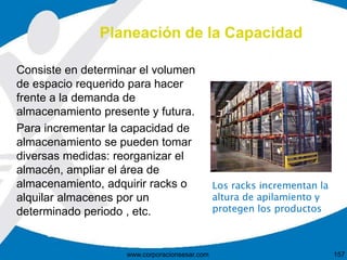 Consiste en determinar el volumen
de espacio requerido para hacer
frente a la demanda de
almacenamiento presente y futura.
Para incrementar la capacidad de
almacenamiento se pueden tomar
diversas medidas: reorganizar el
almacén, ampliar el área de
almacenamiento, adquirir racks o
alquilar almacenes por un
determinado periodo , etc.
Planeación de la Capacidad
Los racks incrementan la
altura de apilamiento y
protegen los productos
157www.corporacionsesar.com
 