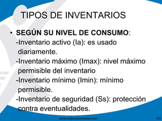 TIPOS DE INVENTARIOS
• SEGÚN SU NIVEL DE CONSUMO:
-Inventario activo (Ia): es usado
diariamente.
-Inventario máximo (Imax): nivel máximo
permisible del inventario
-Inventario mínimo (Imin): mínimo
permisible.
-Inventario de seguridad (Ss): protección
contra eventualidades.
183www.corporacionsesar.com
 