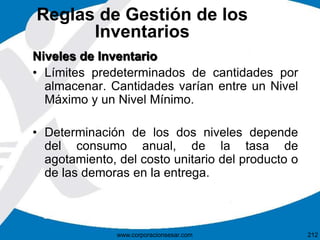Reglas de Gestión de los
Inventarios
Niveles de Inventario
• Límites predeterminados de cantidades por
almacenar. Cantidades varían entre un Nivel
Máximo y un Nivel Mínimo.
• Determinación de los dos niveles depende
del consumo anual, de la tasa de
agotamiento, del costo unitario del producto o
de las demoras en la entrega.
212www.corporacionsesar.com
 