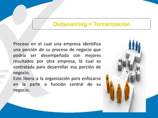 Proceso en el cual una empresa identifica
una porción de su proceso de negocio que
podría ser desempeñada con mejores
resultados por otra empresa, la cual es
contratada para desarrollar esa porción de
negocio.
Esto libera a la organización para enfocarse
en la parte o función central de su
negocio.
Outsourcing = Tercerización
 