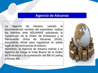 Agencia de Aduanas
La Agencia de Aduana, usando la
documentación recibida del exportador, realiza
los trámites ante ADUANAS solicitando la
numeración de la Orden de Embarque y la
Declaración Única de Aduanas (DUA),
documento oficial para regularizar la salida
legal de las mercancías al exterior.
Asimismo, la Agencia de Aduana solicita a la
Agencia de Carga el Visto Bueno de la Orden
de Embarque y la numeración del Bill of Lading
o Airway Bill.
 