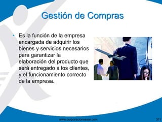Gestión de Compras
• Es la función de la empresa
encargada de adquirir los
bienes y servicios necesarios
para garantizar la
elaboración del producto que
será entregado a los clientes,
y el funcionamiento correcto
de la empresa.
311www.corporacionsesar.com
 