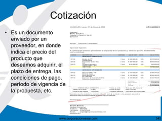 • Es un documento
enviado por un
proveedor, en donde
indica el precio del
producto que
deseamos adquirir, el
plazo de entrega, las
condiciones de pago,
período de vigencia de
la propuesta, etc.
Cotización
345www.corporacionsesar.com
 
