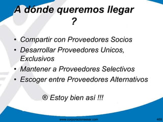 A dónde queremos llegar
?
• Compartir con Proveedores Socios
• Desarrollar Proveedores Unicos,
Exclusivos
• Mantener a Proveedores Selectivos
• Escoger entre Proveedores Alternativos
® Estoy bien así !!!
469www.corporacionsesar.com
 