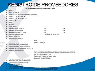 REGISTRO DE PROVEEDORES
DATOS PARA REGISTRO DE PROVEEDORES
 RUC
 RAZON SOCIAL
 DIRECCION OFICINAS ADMINISTRATIVAS
 DIRECCION DE TIENDA
 DIRECCION DE ALMACEN
 TELEFONO
 FAX
 E-MAIL
 CONTACTO
 GERENTE DE VENTAS TLF. DNI
 GERENTE GENERAL TLF. DNI
 REPRESENTANTE LEGAL TLF. DNI
 LICENCIA MUNICIPAL LINEAS AUTORIZADOS
 CONSTITUCION
 EMPRESAS AFINES
RUC
CONSTITUCION
 REFERENCIAS BANCARIAS
 REFERENCIAS COMERCIALES
 CALIFICACION COMO PROVEEDOR
 LINEAS QUE ATIENDE
TIPO DE NEGOCIO(FABRICANTE-DISTRIBUIDOR-MAYORISTA-
IMPORTADOR DIRECTO)
DISTRIBUCIONES AUTORIZADAS
MARCAS REGISTRADAS
 LOCAL (PROPIO O ALQUILADO)
 FORMA DE PAGO APROBADA
 LINEA DE CREDITO
 MONTO DISPONIBLE
 TRANSPORTE (TIPO DE TRANSPORTE, FLOTA PROPIA, OUTSOURCING)
495www.corporacionsesar.com
 