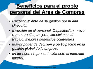 Beneficios para el propio
personal del Area de Compras
• Reconocimiento de su gestión por la Alta
Dirección
• Inversión en el personal: Capacitación, mayor
remuneración, mejores condiciones de
trabajo, mejores beneficios colaterales
• Mayor poder de decisión y participación en la
gestión global de la empresa
• Mejor carta de presentación ante el mercado
laboral.
515www.corporacionsesar.com
 