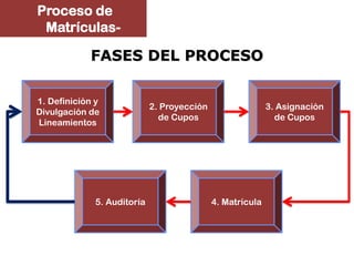 Proceso de
 Matrículas-

            FASES DEL PROCESO

1. Definición y
                             2. Proyección                  3. Asignación
Divulgación de
                               de Cupos                       de Cupos
Lineamientos




              5. Auditoría                   4. Matrícula
 