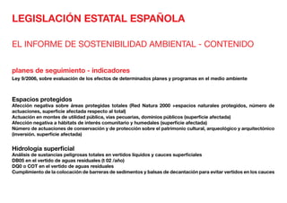 LEGISLACIÓN ESTATAL ESPAÑOLA
EL INFORME DE SOSTENIBILIDAD AMBIENTAL - CONTENIDO
planes de seguimiento - indicadores
Ley 9/2006, sobre evaluación de los efectos de determinados planes y programas en el medio ambiente
Espacios protegidos	
Afección negativa sobre áreas protegidas totales (Red Natura 2000 +espacios naturales protegidos, número de
actuaciones, superficie afectada respecto al total)
Actuación en montes de utilidad pública, vías pecuarias, dominios públicos (superficie afectada)
Afección negativa a hábitats de interés comunitario y humedales (superficie afectada)
Número de actuaciones de conservación y de protección sobre el patrimonio cultural, arqueológico y arquitectónico
(inversión. superficie afectada)
Hidrología superficial	
Análisis de sustancias peligrosas totales en vertidos líquidos y cauces superficiales
DB05 en el vertido de aguas residuales (t 02 /año)
DQ0 o COT en el vertido de aguas residuales
Cumplimiento de la colocación de barreras de sedimentos y balsas de decantación para evitar vertidos en los cauces
 