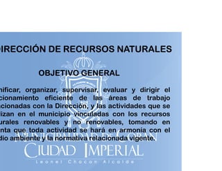 DIRECCIÓN DE RECURSOS NATURALES
OBJETIVO GENERAL

nificar, organizar, supervisar, evaluar y dirigir el
cionamiento eficiente de las áreas de trabajo
acionadas con la Dirección, y las actividades que se
lizan en el municipio vinculadas con los recursos
urales renovables y no renovables, tomando en
nta que toda actividad se hará en armonía con el
dio ambiente y la normativa relacionada vigente.

 