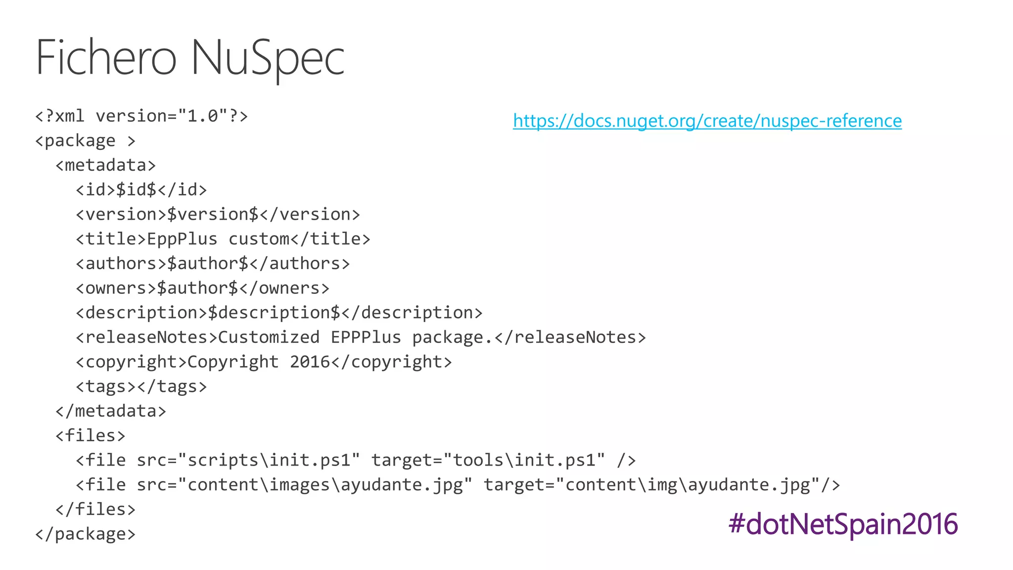#dotNetSpain2016
https://docs.nuget.org/create/nuspec-reference
 