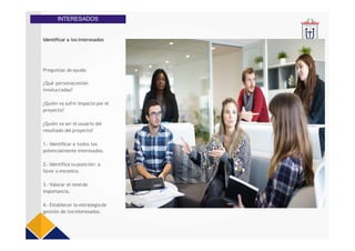 ldentificar a los interesados
Preguntas de ayuda:
¿Qué personas están
involucradas?
¿Quién va sufrir impacto por el
proyecto?
¿Quién va ser el usuario del
resultado del proyecto?
1.- Identificar a todos los
potencialmente interesados.
2.- Identifica su posición: a
favor o encontra.
3.- Valorar el nivelde
importancia.
4.- Establecer la estrategiade
gestión de losinteresados.
INTERESADOS
 