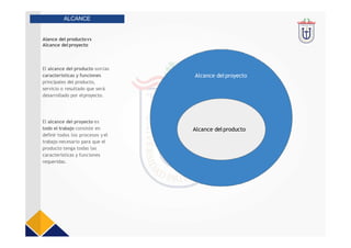 Alance del productovs
Alcance del proyecto
ALCANCE
El alcance del producto sonlas
características y funciones
principales del producto,
servicio o resultado que será
desarrollado por elproyecto.
El alcance del proyecto es
todo el trabajo consiste en
definir todos los procesos y el
trabajo necesario para que el
producto tenga todas las
características y funciones
requeridas.
Alcance delproyecto
Alcance delproducto
 