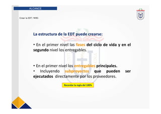 Crear la EDT /WBS
ALCANCE
La estructura de la EDT puede crearse:
• En el primer nivel las fases del ciclo de vida y en el
segundo nivel los entregables.
• En el primer nivel los entregables principales.
• Incluyendo subproyectos que pueden ser
ejecutados directamente por los proveedores.
Recordar la regla del 100%
 