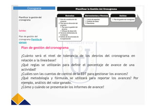 Planificar la gestióndel
cronograma
Cronograma
Salidas
Plan de gestión del
cronograma Plantilla de
ejemplo
Plan de gestión del cronograma
¿Cuánto será el nivel de tolerancia de los desvíos del cronograma en
relación a la líneabase?
¿Qué reglas se utilizarán para definir el porcentaje de avance de una
actividad?
¿Cuáles son las cuentas de control de la EDT para gestionar los avances?
¿Qué metodología y fórmulas se utilizará para reportar los avances? Por
ejemplo, análisis del valor ganado.
¿Cómo y cuándo se presentarán los informes de avance?
 