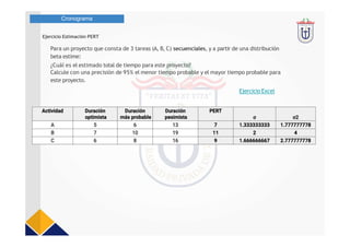Cronograma
Ejercicio Estimación PERT
Para un proyecto que consta de 3 tareas (A, B, C) secuenciales, y a partir de una distribución
beta estime:
¿Cuál es el estimado total de tiempo para este proyecto?
Calcule con una precisión de 95% el menor tiempo probable y el mayor tiempo probable para
este proyecto.
Ejercicio Excel
 