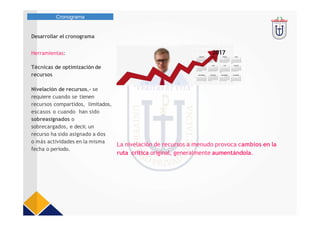Cronograma
Desarrollar el cronograma
Herramientas:
Técnicas de optimización de
recursos
Nivelación de recursos.- se
requiere cuando se tienen
recursos compartidos, limitados,
escasos o cuando han sido
sobreasignados o
sobrecargados, e decir, un
recurso ha sido asignado a dos
o más actividades en la misma
fecha o periodo.
La nivelación de recursos a menudo provoca cambios en la
ruta crítica original, generalmente aumentándola.
 