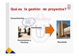 Qué es la gestión de proyectos?
Conocimientos
Habilidades
Herramientas
Técnicas
y
Resultado
 