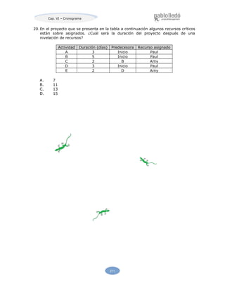 211
Cap. VI – Cronograma
20. En el proyecto que se presenta en la tabla a continuación algunos recursos críticos
están sobre asignados. ¿Cuál será la duración del proyecto después de una
nivelación de recursos?
Actividad Duración (días) Predecesora Recurso asignado
A 3 Inicio Paul
B 5 Inicio Paul
C 2 B Amy
D 3 Inicio Paul
E 2 D Amy
A. 7
B. 11
C. 13
D. 15
 