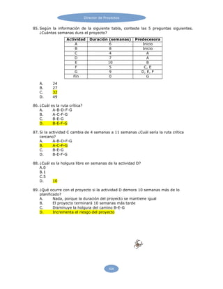Director de Proyectos
528
85. Según la información de la siguiente tabla, conteste las 5 preguntas siguientes.
¿Cuántas semanas dura el proyecto?
Actividad Duración (semanas) Predecesora
A 6 Inicio
B 8 Inicio
C 4 A
D 7 A
E 10 B
F 5 C, E
G 9 D, E, F
Fin 0 G
A. 24
B. 27
C. 32
D. 49
86. ¿Cuál es la ruta crítica?
A. A-B-D-F-G
B. A-C-F-G
C. B-E-G
D. B-E-F-G
87. Si la actividad C cambia de 4 semanas a 11 semanas ¿Cuál sería la ruta crítica
cercano?
A. A-B-D-F-G
B. A-C-F-G
C. B-E-G
D. B-E-F-G
88. ¿Cuál es la holgura libre en semanas de la actividad D?
A.0
B.1
C.5
D. 10
89. ¿Qué ocurre con el proyecto si la actividad D demora 10 semanas más de lo
planificado?
A. Nada, porque la duración del proyecto se mantiene igual
B. El proyecto terminará 10 semanas más tarde
C. Disminuye la holgura del camino B-E-G
D. Incrementa el riesgo del proyecto
 