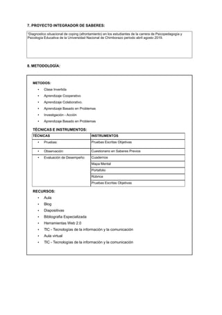 7. PROYECTO INTEGRADOR DE SABERES:
“Diagnostico situacional de coping (afrontamiento) en los estudiantes de la carrera de Psicopedagogía y
Psicología Educativa de la Universidad Nacional de Chimborazo periodo abril agosto 2019.
8. METODOLOGÍA:
METODOS:
• Clase Invertida
• Aprendizaje Cooperativo
• Aprendizaje Colaborativo.
• Aprendizaje Basado en Problemas
• Investigación - Acción
• Aprendizaje Basado en Problemas
TÉCNICAS E INSTRUMENTOS:
TÉCNICAS INSTRUMENTOS
• Pruebas: Pruebas Escritas Objetivas
• Observación: Cuestionario en Saberes Previos
• Evaluación de Desempeño: Cuadernos
Mapa Mental
Portafolio
Rúbrica
Pruebas Escritas Objetivas
RECURSOS:
• Aula
• Blog
• Diapositivas
• Bibliografia Especializada
• Herramientas Web 2.0
• TIC - Tecnologías de la información y la comunicación
• Aula virtual
• TIC - Tecnologías de la información y la comunicación
 